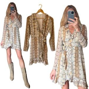 Wilfred Aritzia Louise Snakeskin Print Chiffon Wrap Ruffle Mini Dress